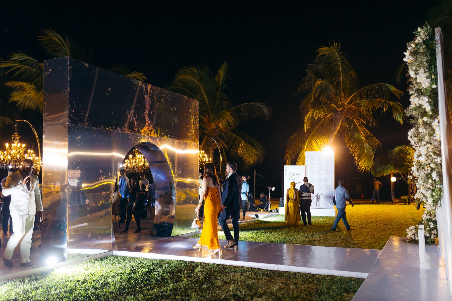 Anthony & Irene wedding at White Sands Resort, Dar es Salaam, by Kevins Events — the mirrored arrival archway at night