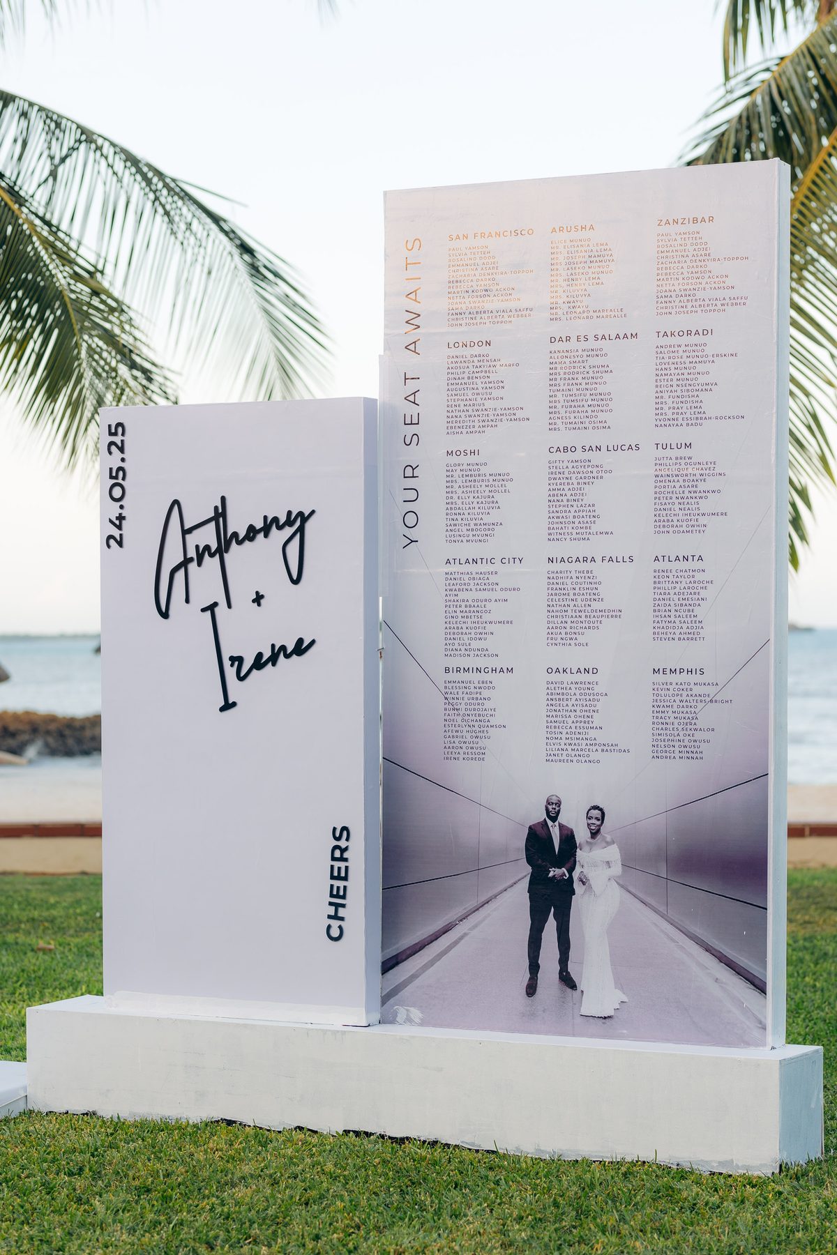 Anthony & Irene wedding at White Sands Resort, Dar es Salaam, by Kevins Events — the destination-themed seating chart