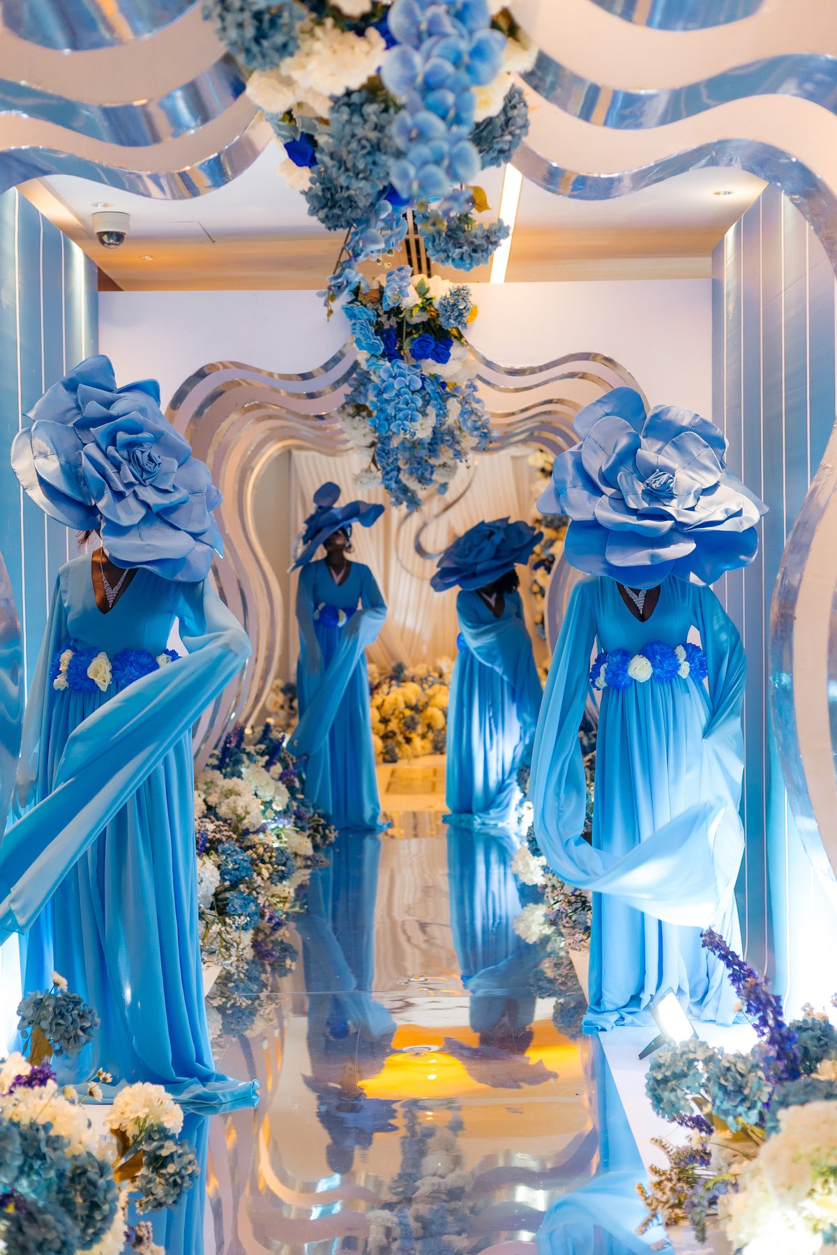 Hamis & Sabrina wedding at Johari Rotana — mirrored welcome hall — by Kevins Events