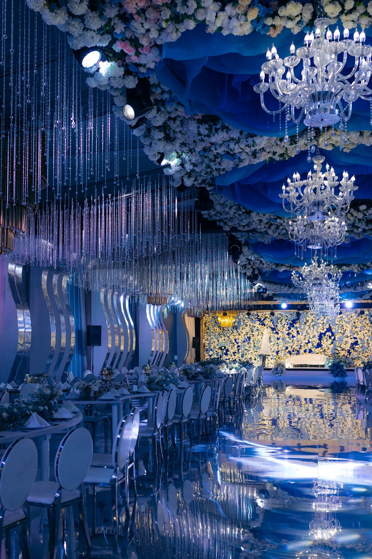 Hamis & Sabrina wedding at Johari Rotana — suspended floral canopy and crystal — by Kevins Events