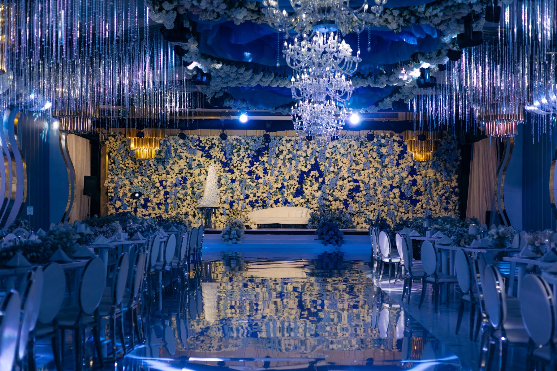 Hamis & Sabrina wedding at Johari Rotana — architectural floral wall and stage — by Kevins Events