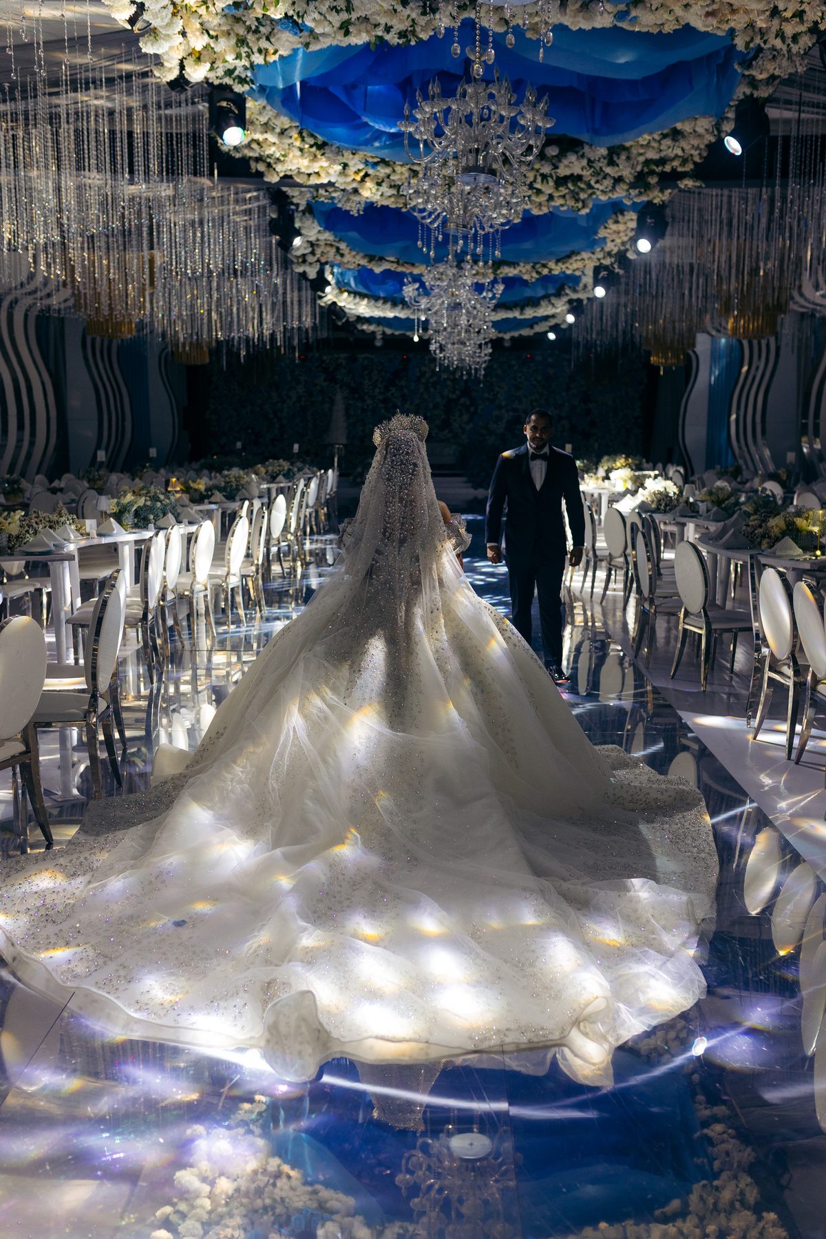 Hamis & Sabrina wedding at Johari Rotana — the couple on the mirrored aisle — by Kevins Events
