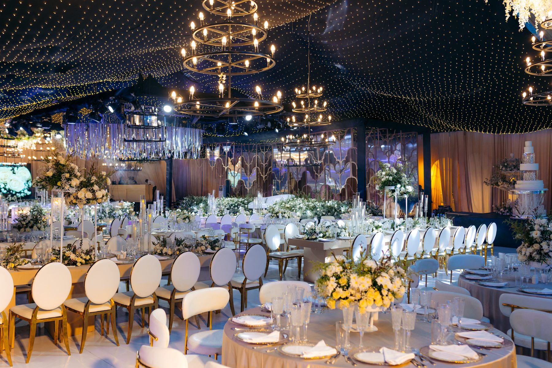 Jordan & Doria wedding at Serena Hotel, Dar es Salaam, by Kevins Events — reception beneath a canopy of fairy lights