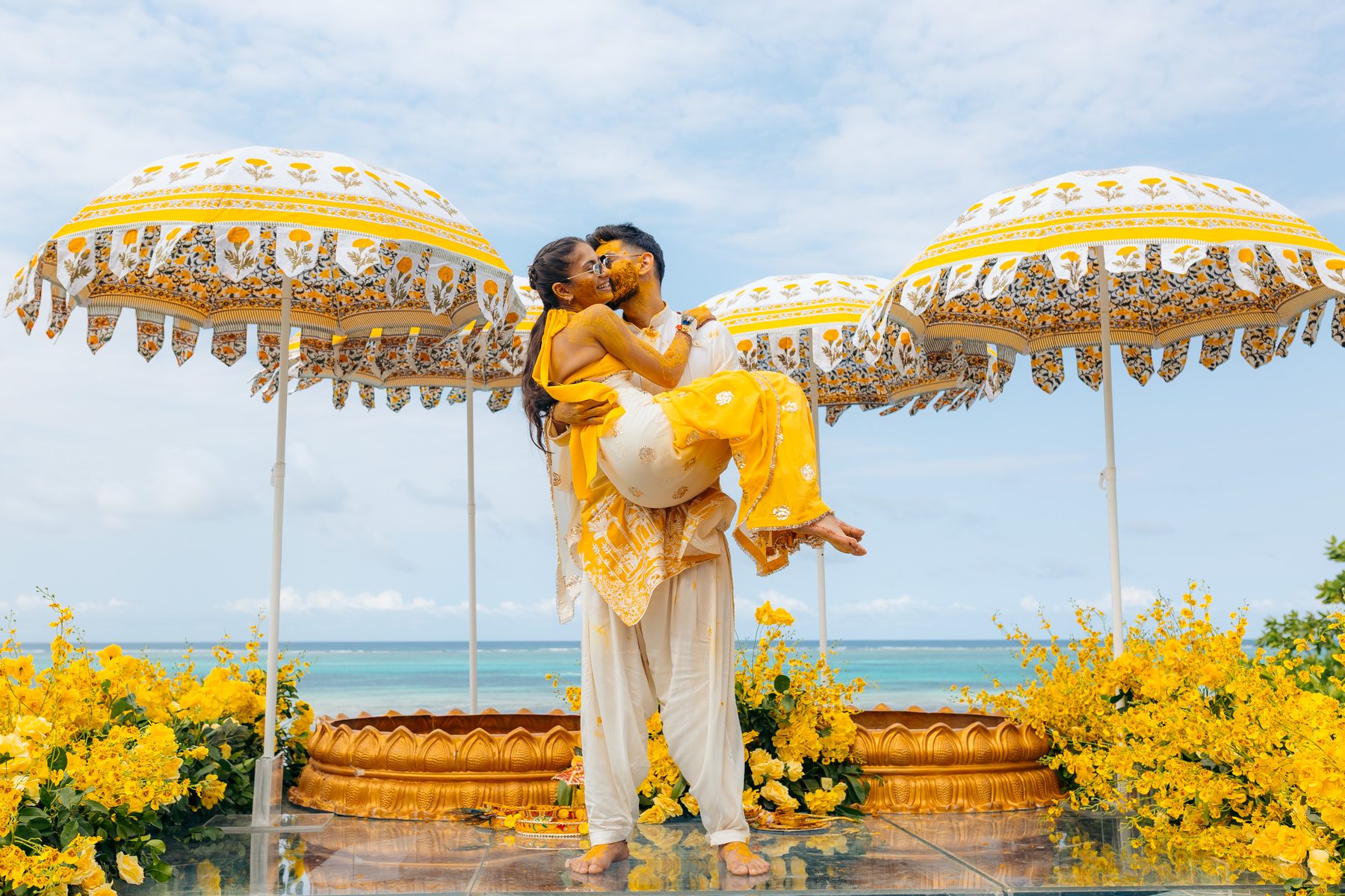 Sonia & Miraj wedding in Zanzibar — haldi ceremony ocean — by Kevins Events