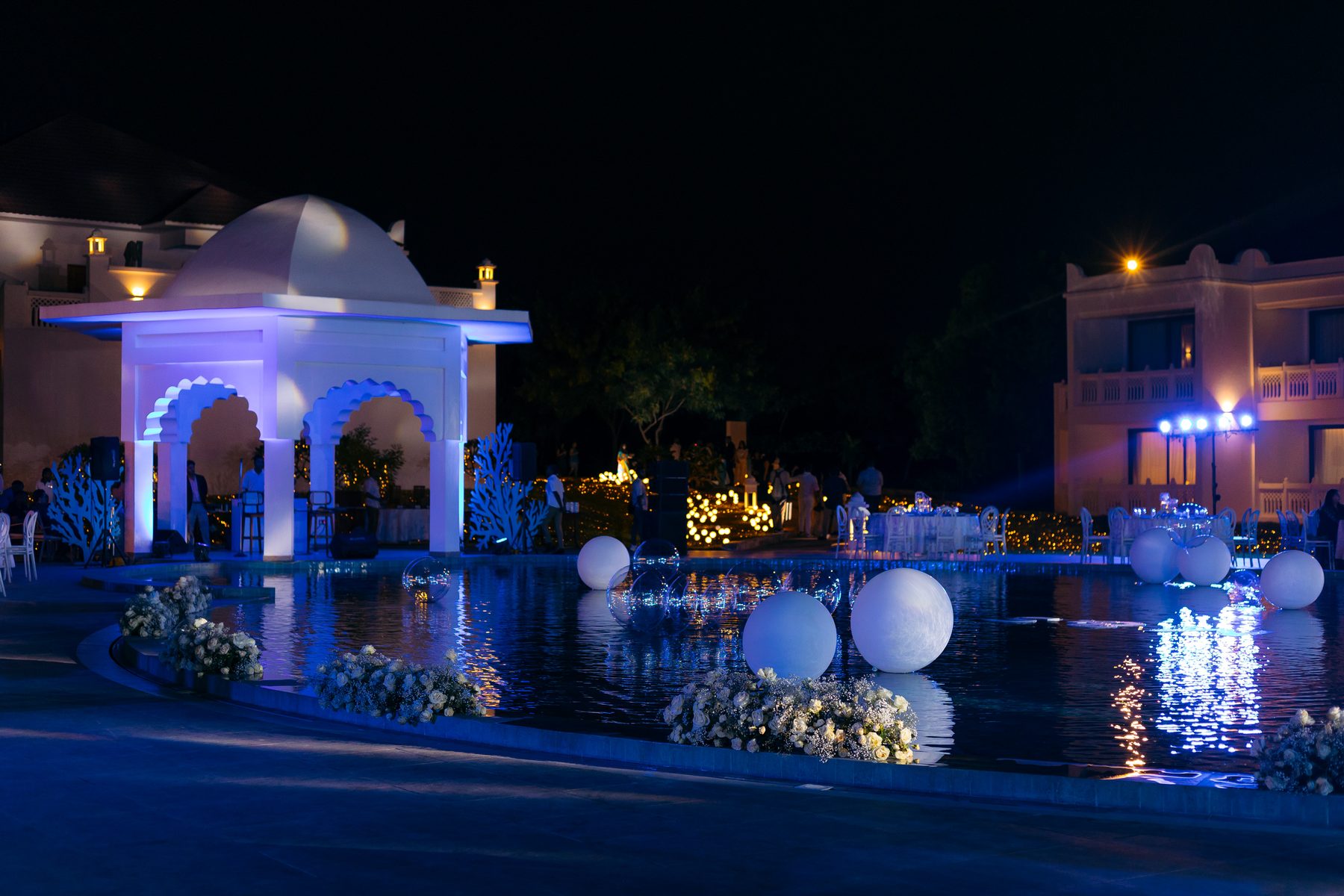 Sonia & Miraj wedding in Zanzibar — poolside evening — by Kevins Events