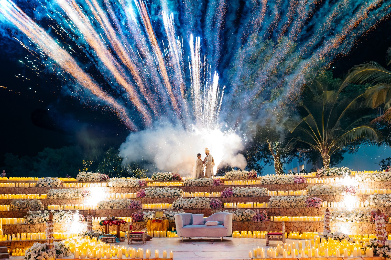 Sonia & Miraj wedding in Zanzibar — fireworks over the candlelit ceremony — by Kevins Events