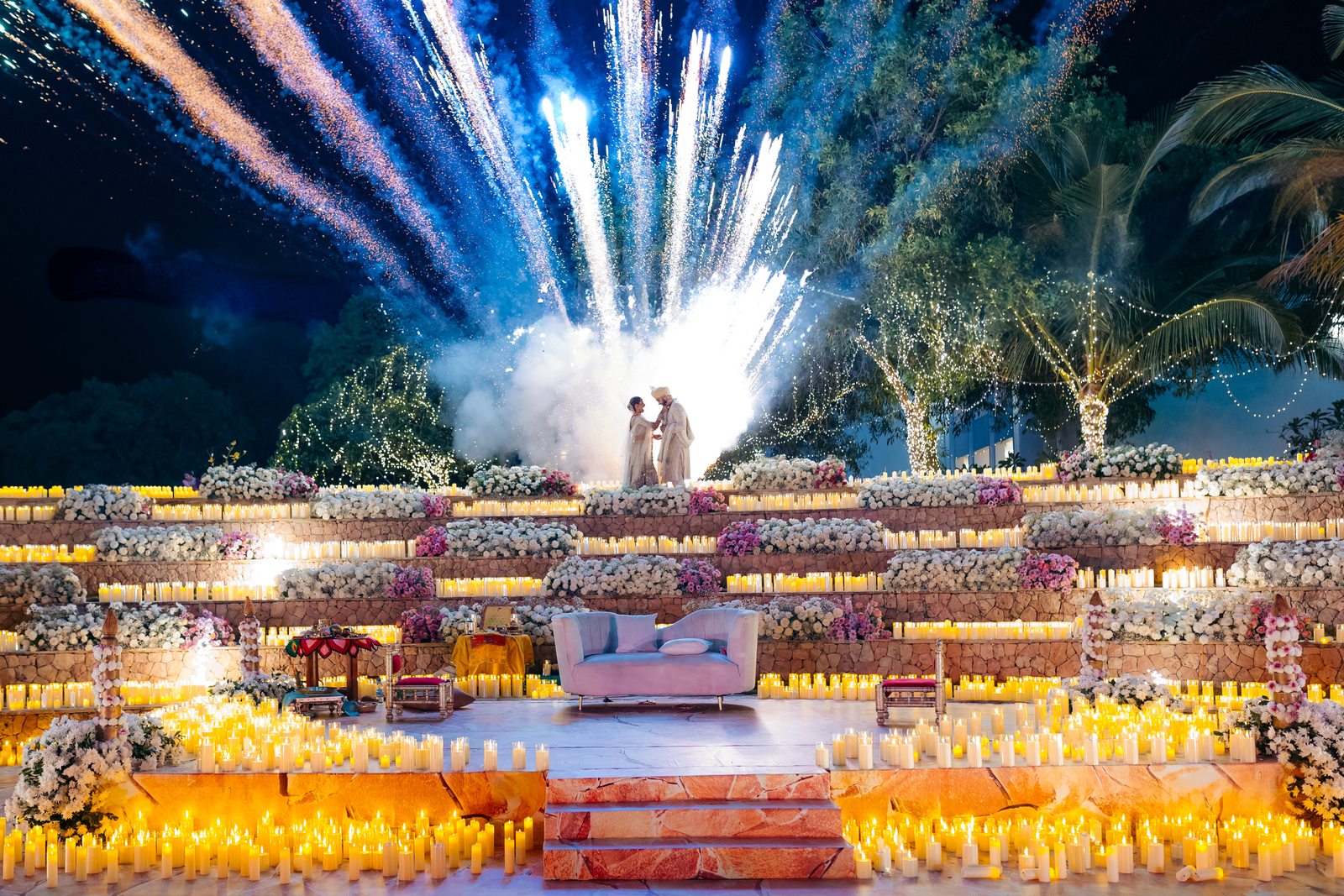 Sonia & Miraj wedding in Zanzibar — the couple beneath the fireworks — by Kevins Events